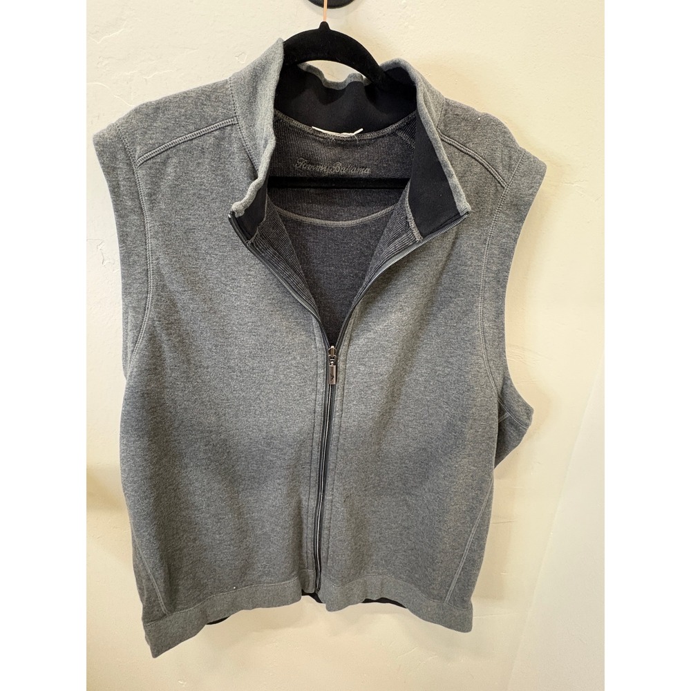 Tommy Bahama Mens Vintage Full Zip Vest Heather Gray Marlin Logo Mock Neck